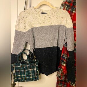 1. STATE Color-block Speckled Knit Pullover Sweater Cream/Grey/Black M